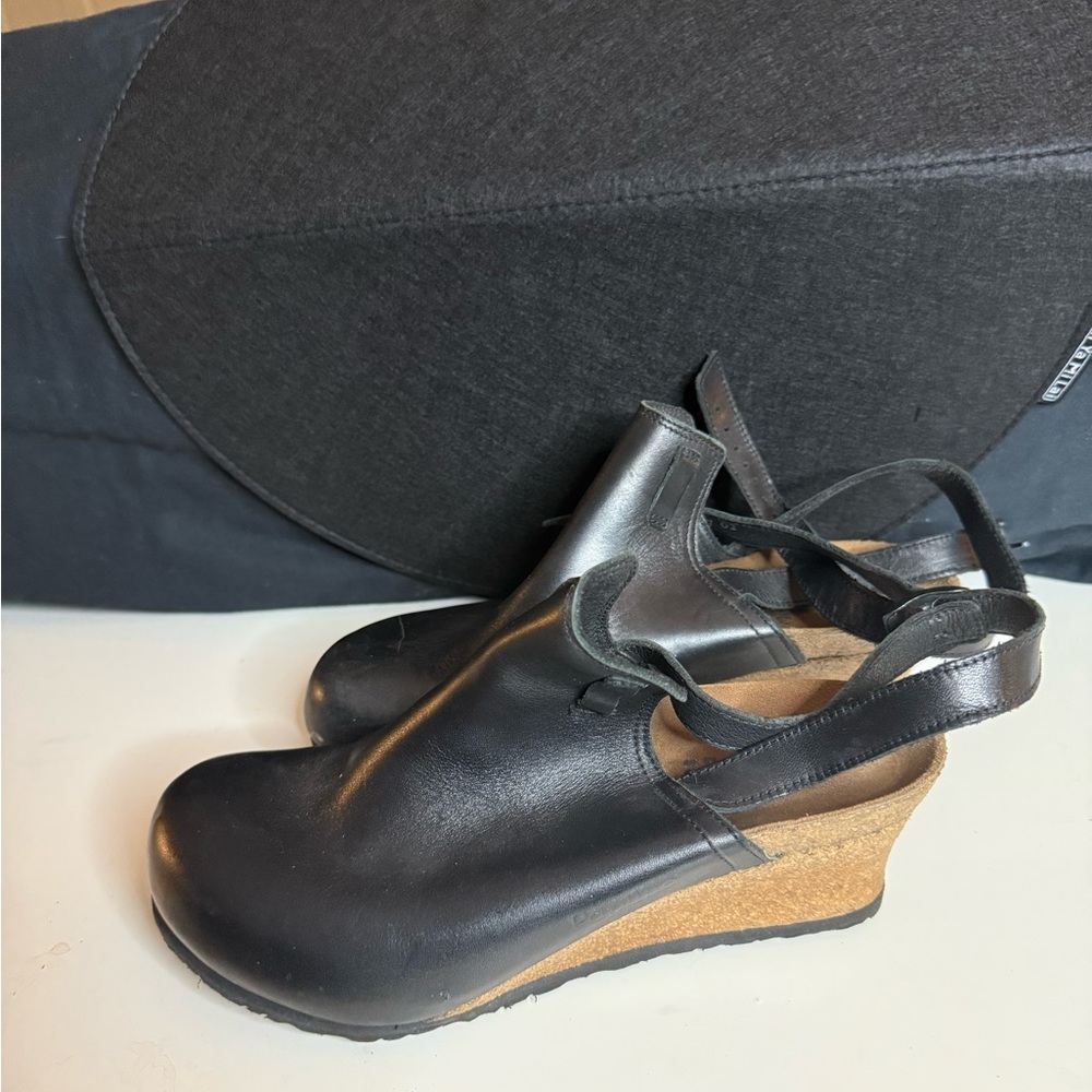 Papillio Black Leather Wedge Sandals with ankle strap